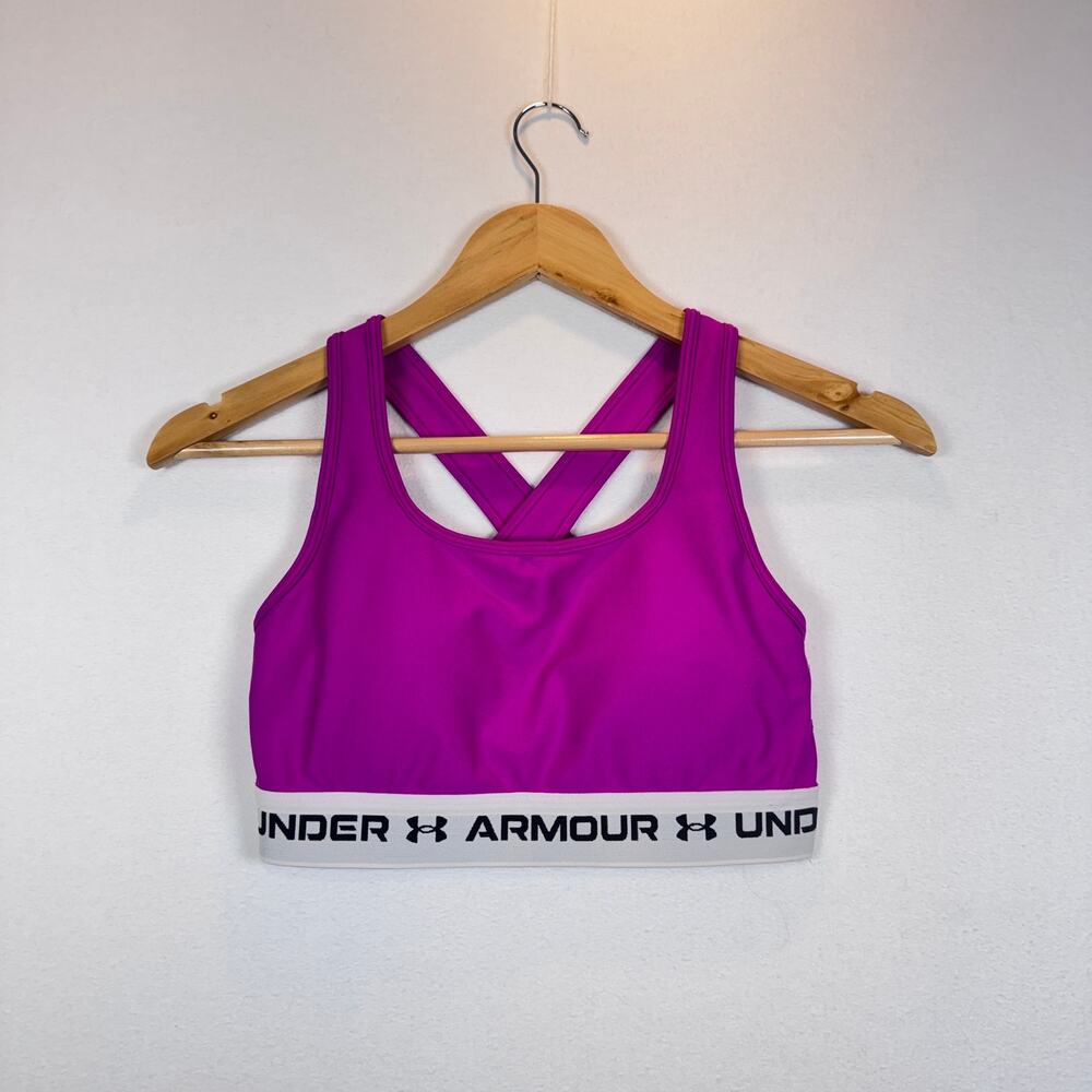 Under Armour Womens Medium Crossback Sports Bra Pink Compression Gym Yoga